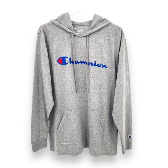 Champion heather gray pullover hooded long sleeve tee shirt M - Picture 2 of 9